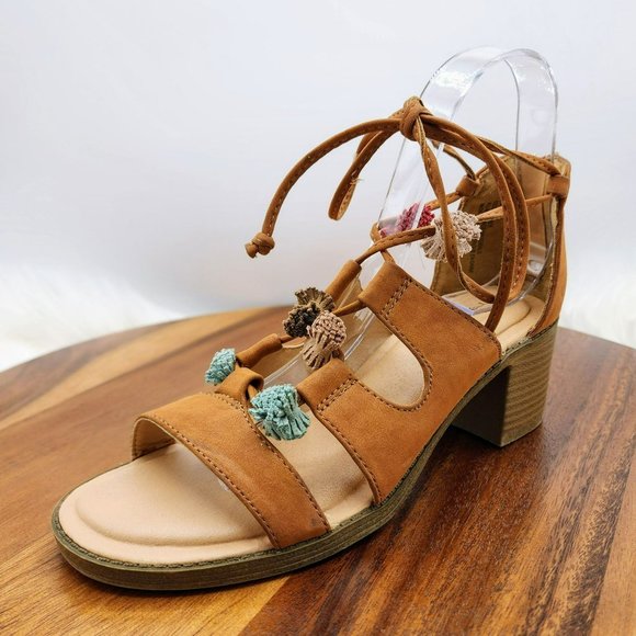 Maurices Ember Sandals 7 Camel Brown Zip Back Strappy Lace Up Tassel Stack Heel - Picture 13 of 13